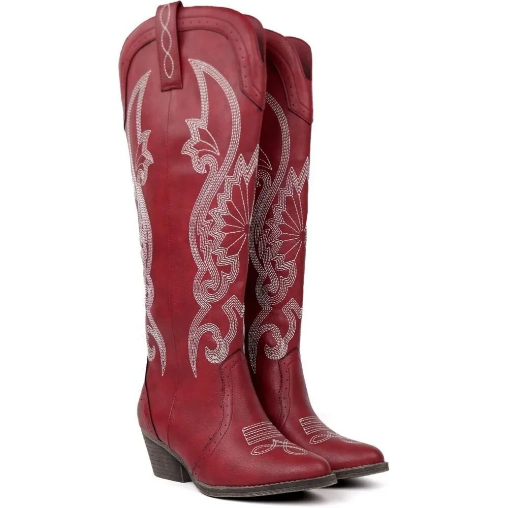 Women's Red Faux Leather Pointed Toe and Block Heel Classic Embroidered Boot